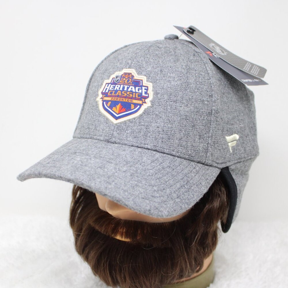 2023 NHL Heritage Edmonton Hat NWT Adult L/XL Fanatics Gray Ear Flap A-Flex Cap